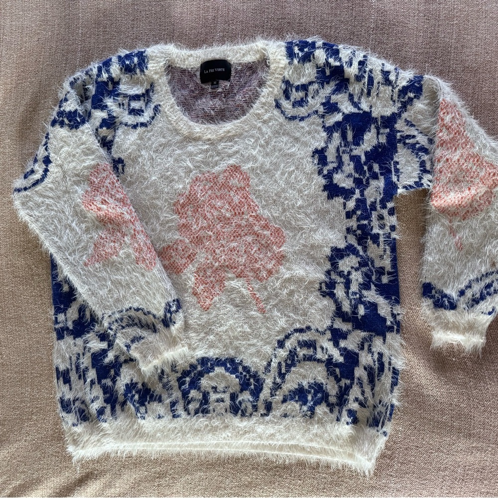 Lily White Women's Fuzzy Sweater - Cream, Blue, and Pink Floral
